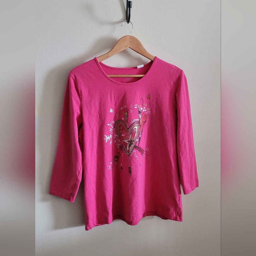 Chico's Barbie Pink Bedazzled Cotton + Stretch Scoop Neck Top, Women's XL